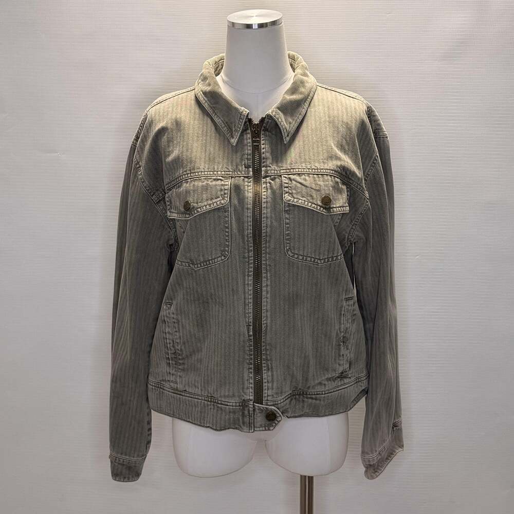Faherty Jacket Womens Large Gray Striped Cotton Denim Bomber Talon Zip Lined
